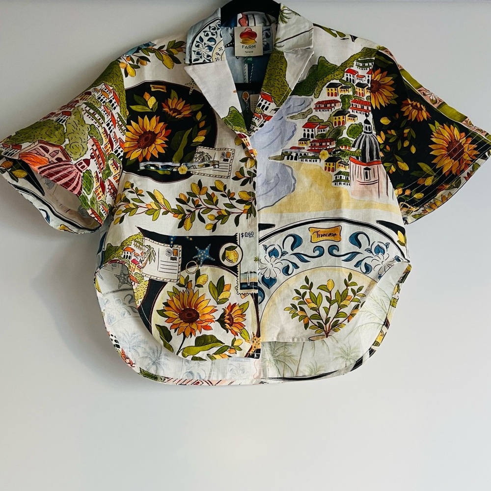 FARM Rio Short-Sleeve Linen Printed Buttondown Shirt Size XXS NWT - Picture 5 of 15